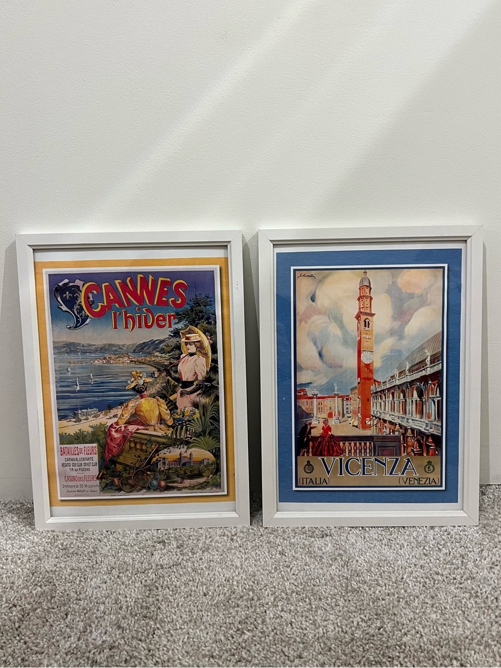 Vintage Travel Posters Cannes & Vicenza Art Prints in White Frames
